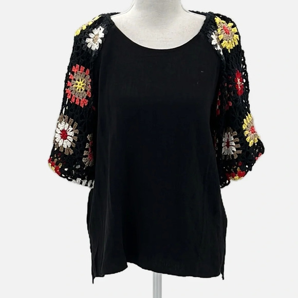 Umgee Granny Square Crochet Balloon Sleeve Linen Blend Top - NEW - Size Small - Picture 2 of 8